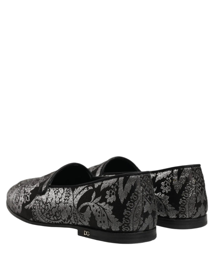 Dolce &amp; Gabbana Silver Jacquard Leather Slip On Loafers Shoes