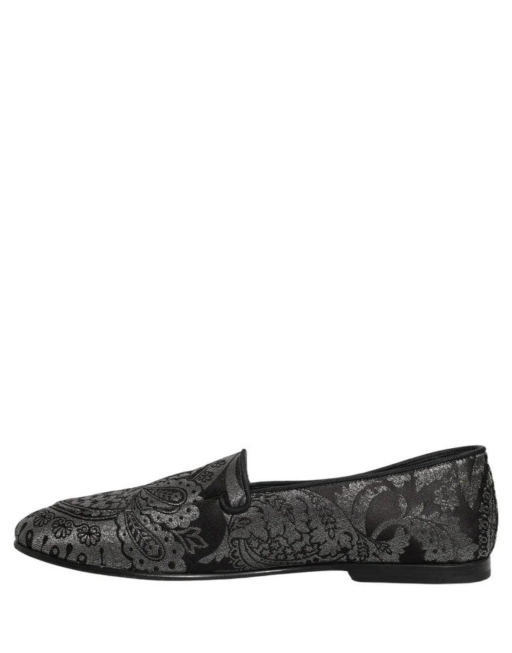Dolce &amp; Gabbana Silver Jacquard Leather Slip On Loafers Shoes