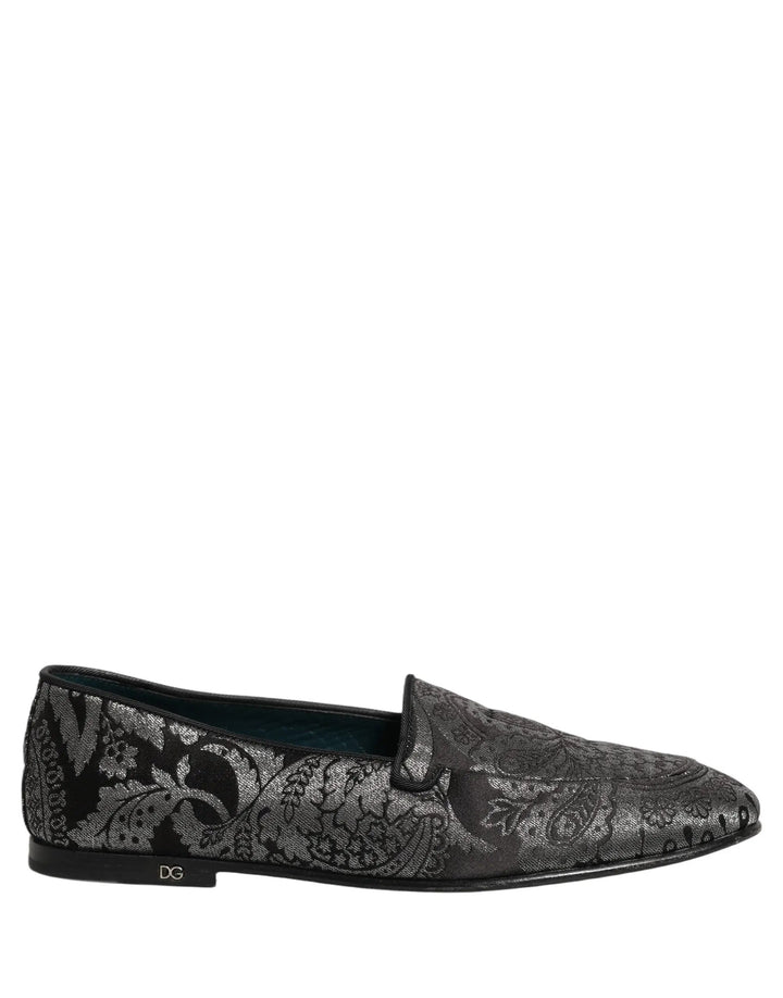 Dolce &amp; Gabbana Silver Jacquard Leather Slip On Loafers Shoes