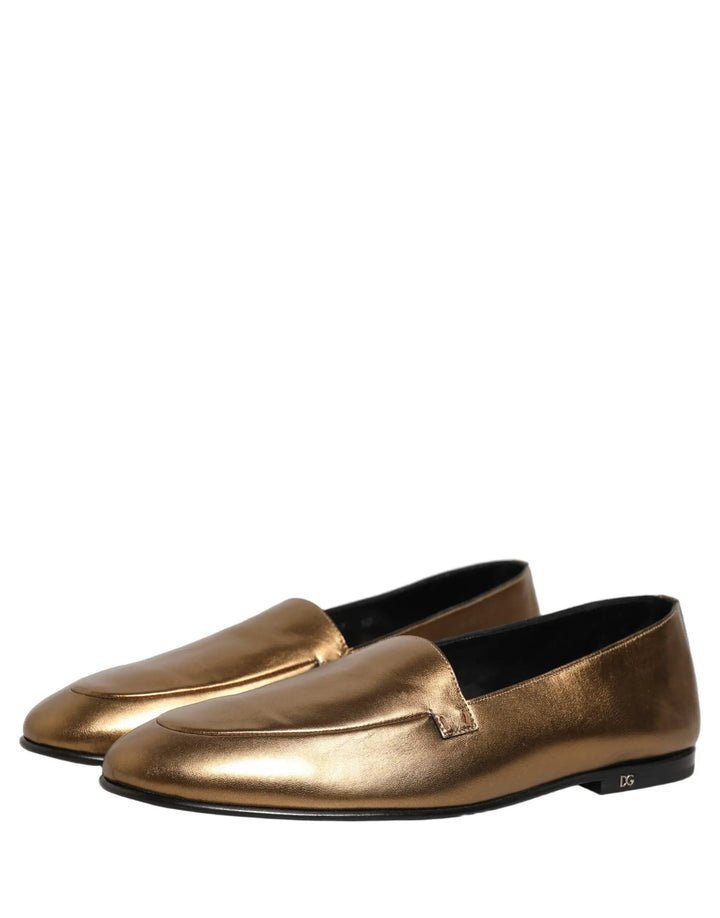 Dolce &amp; Gabbana Gold Leather DG Logo Slip On Men Loafers Shoes