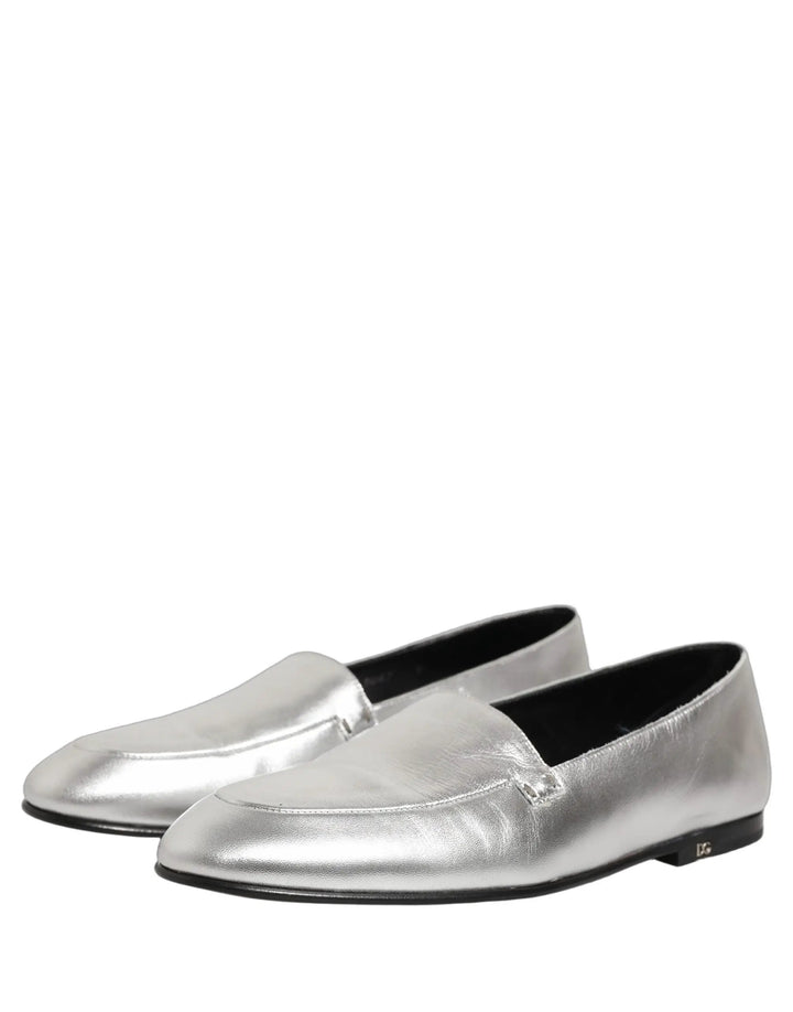 Dolce &amp; Gabbana Silver Leather DG Logo Slip On Loafers Shoes
