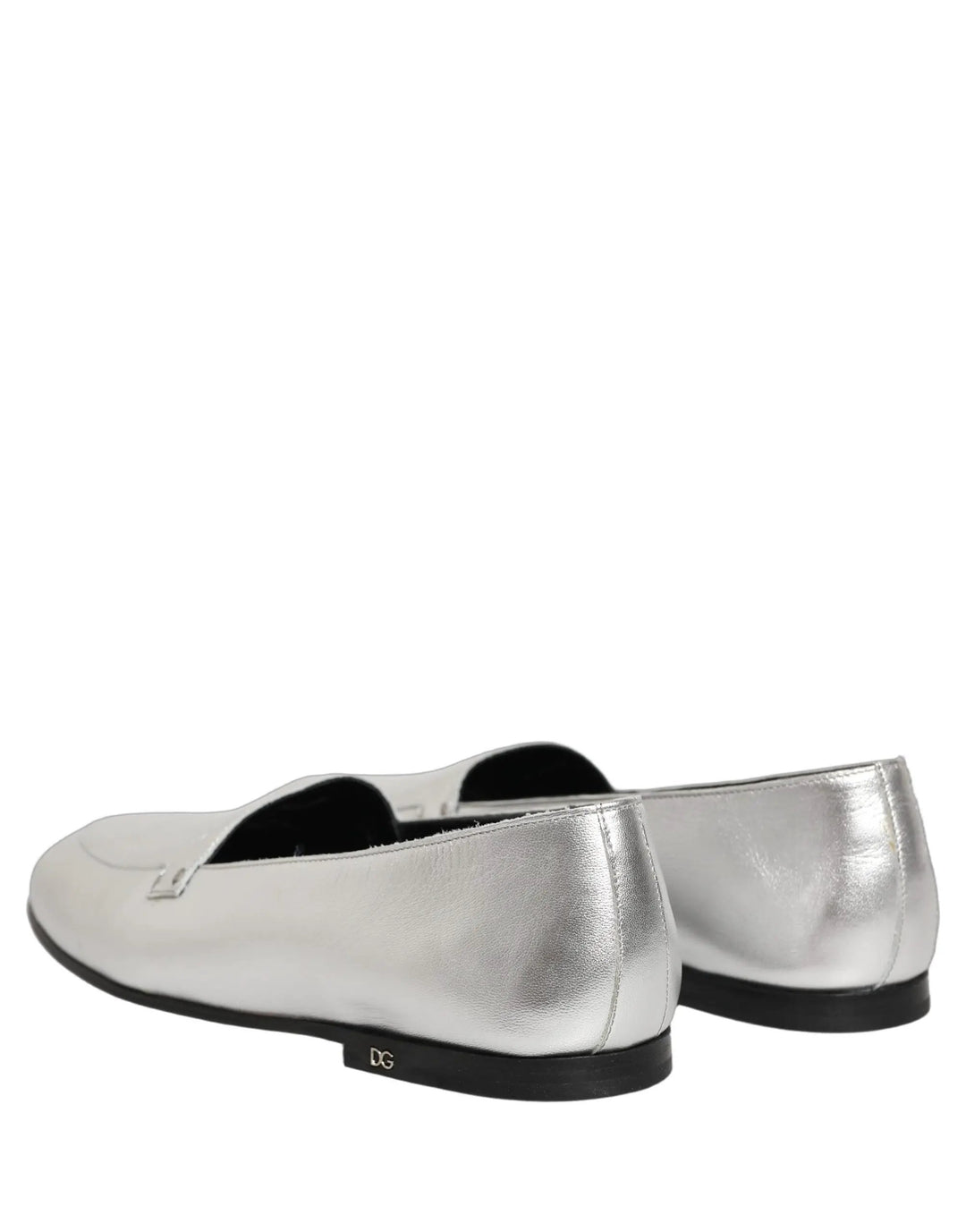 Dolce &amp; Gabbana Silver Leather DG Logo Slip On Loafers Shoes