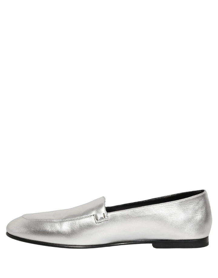 Dolce &amp; Gabbana Silver Leather DG Logo Slip On Loafers Shoes