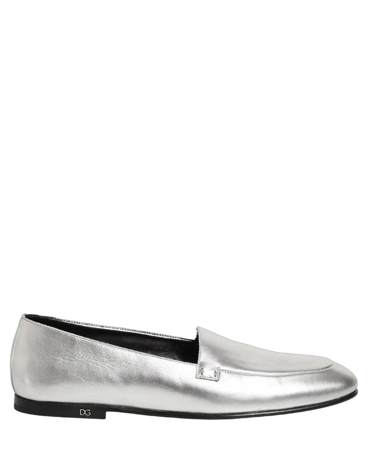 Dolce &amp; Gabbana Silver Leather DG Logo Slip On Loafers Shoes