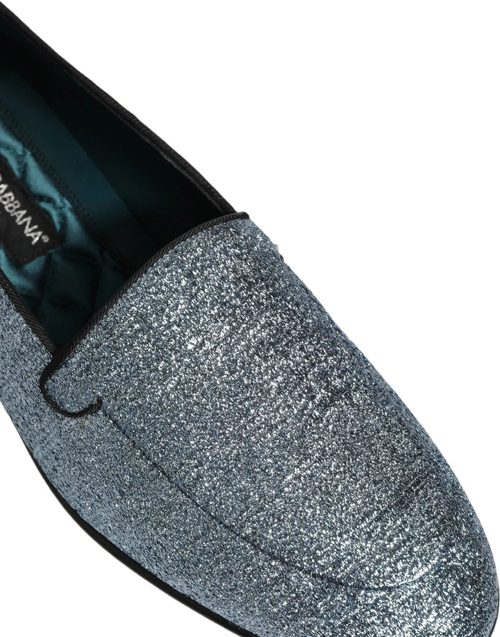Dolce &amp; Gabbana Blue Glitter Lurex DG Logo Dress Loafers Shoes