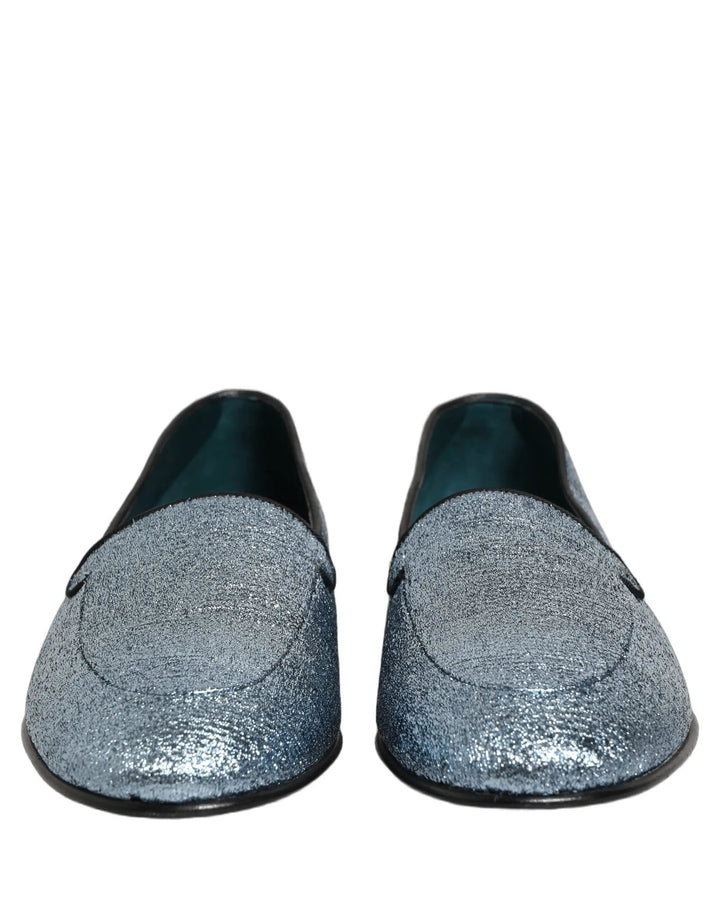 Dolce &amp; Gabbana Blue Glitter Lurex DG Logo Dress Loafers Shoes