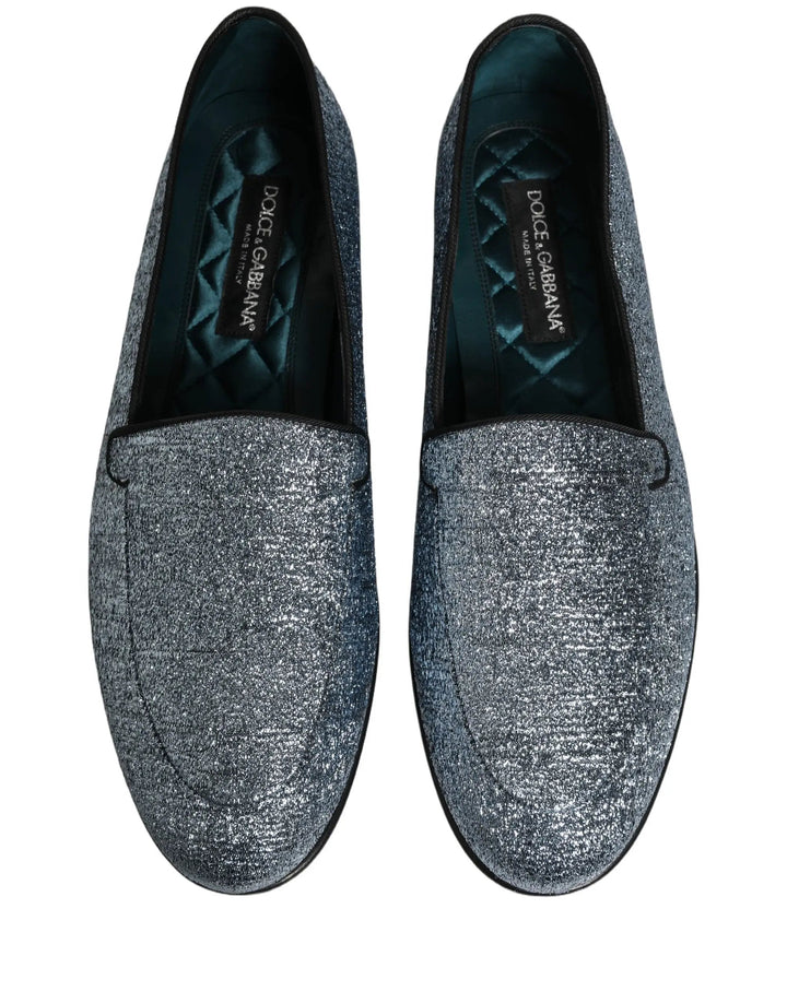 Dolce &amp; Gabbana Blue Glitter Lurex DG Logo Dress Loafers Shoes