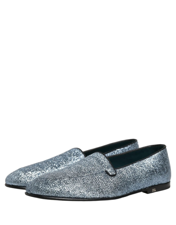 Dolce &amp; Gabbana Blue Glitter Lurex DG Logo Dress Loafers Shoes