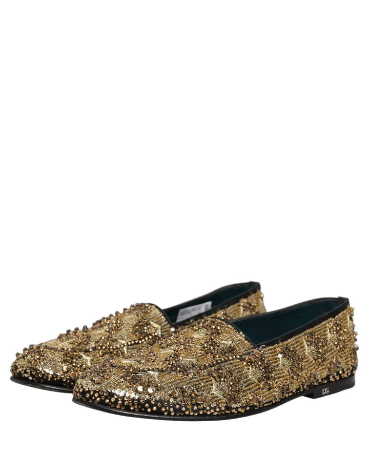 Dolce &amp; Gabbana Gold Sequin Embellished Dress Loafers Shoes