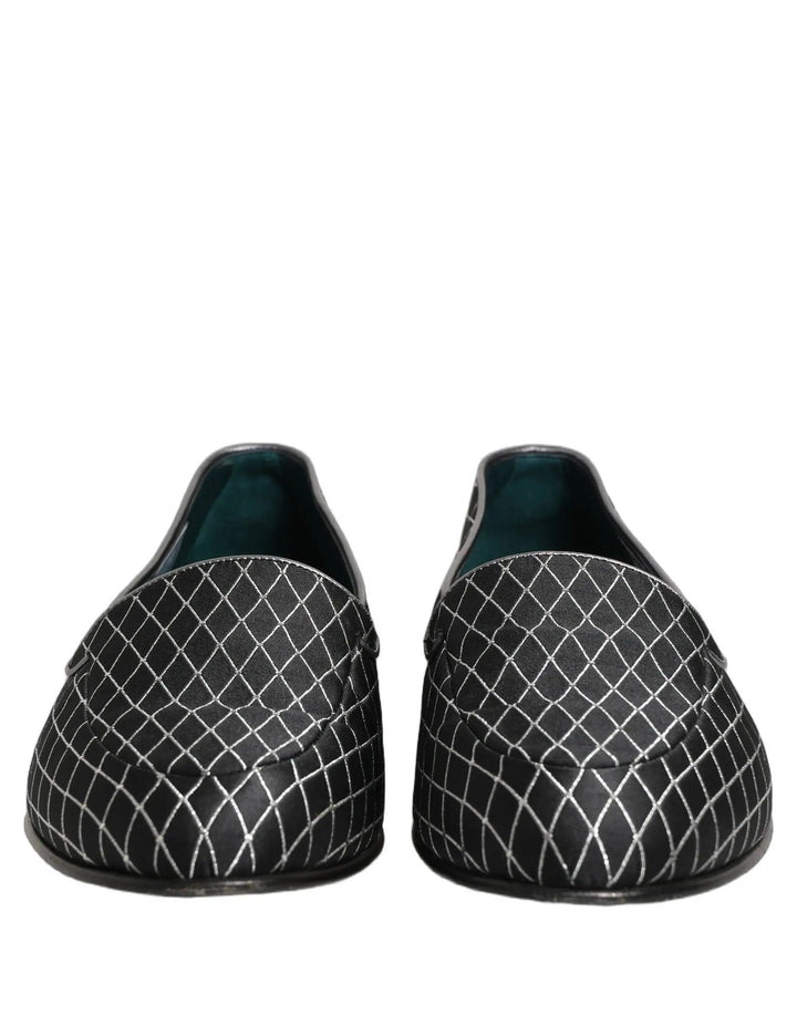 Dolce &amp; Gabbana Black Velvet Diamond Stitched Loafers Shoes