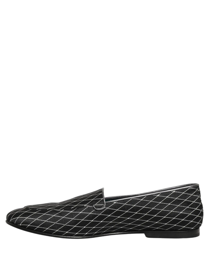 Dolce &amp; Gabbana Black Velvet Diamond Stitched Loafers Shoes