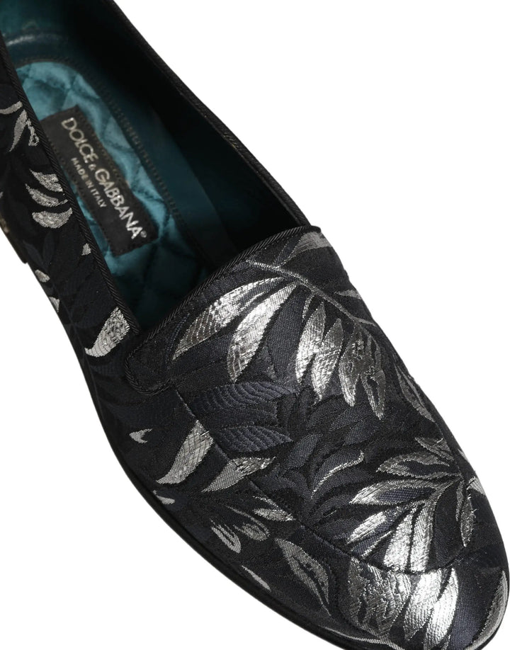 Dolce &amp; Gabbana Black Leaf Embroidery Dress Men Loafers Shoes