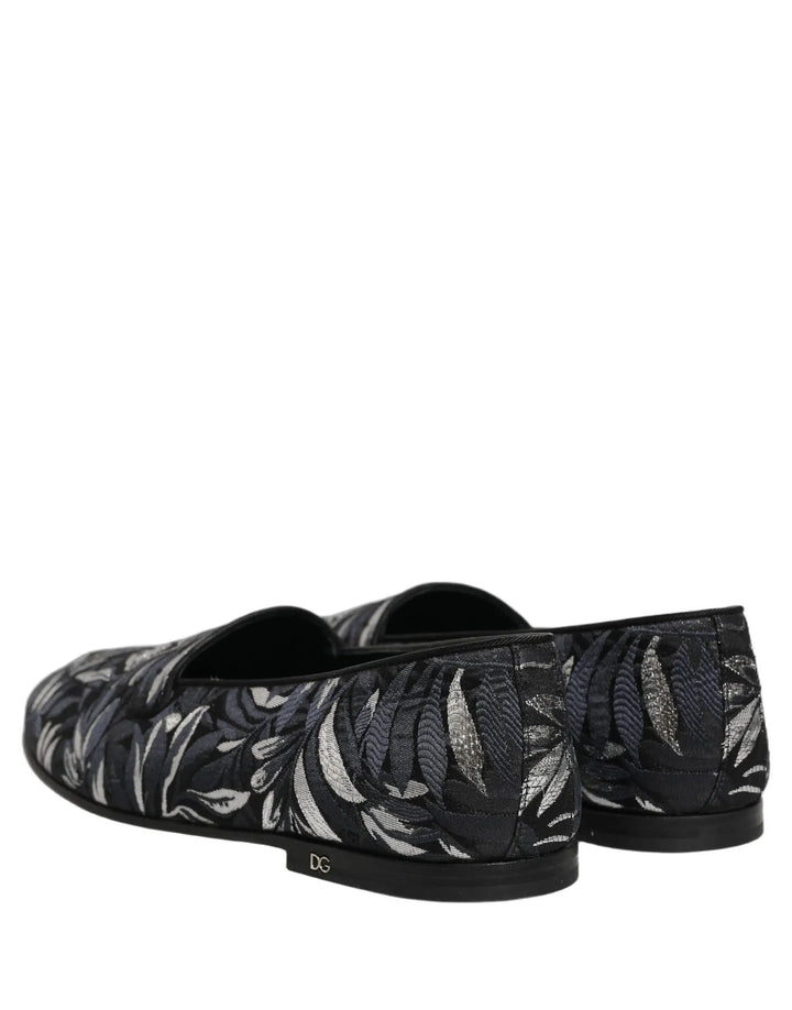 Dolce &amp; Gabbana Black Leaf Embroidery Dress Men Loafers Shoes