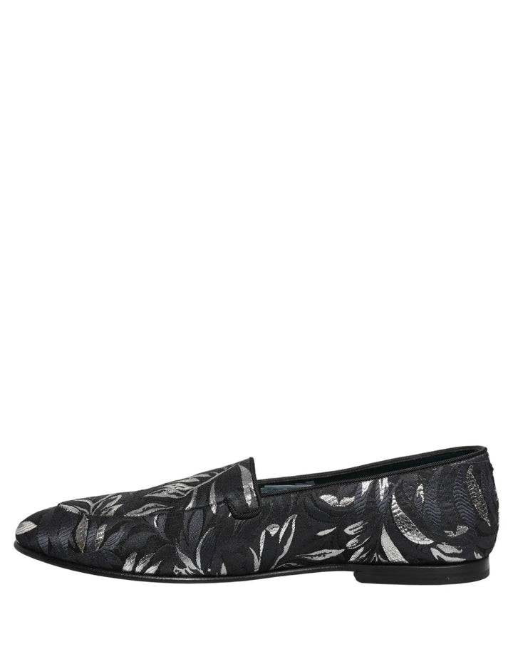 Dolce &amp; Gabbana Black Leaf Embroidery Dress Men Loafers Shoes