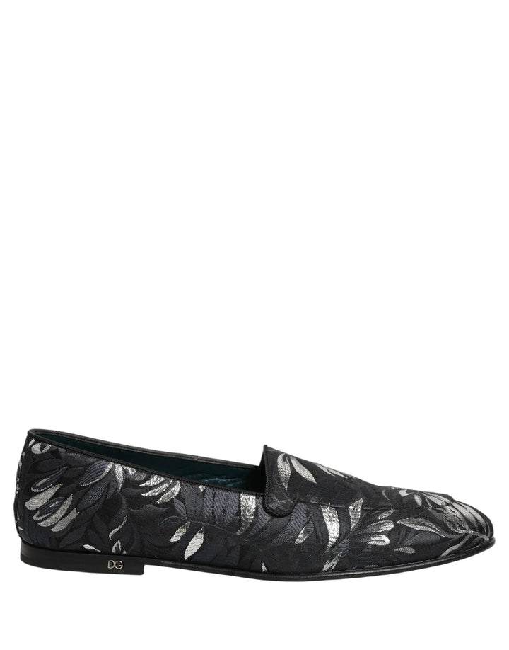 Dolce &amp; Gabbana Black Leaf Embroidery Dress Men Loafers Shoes