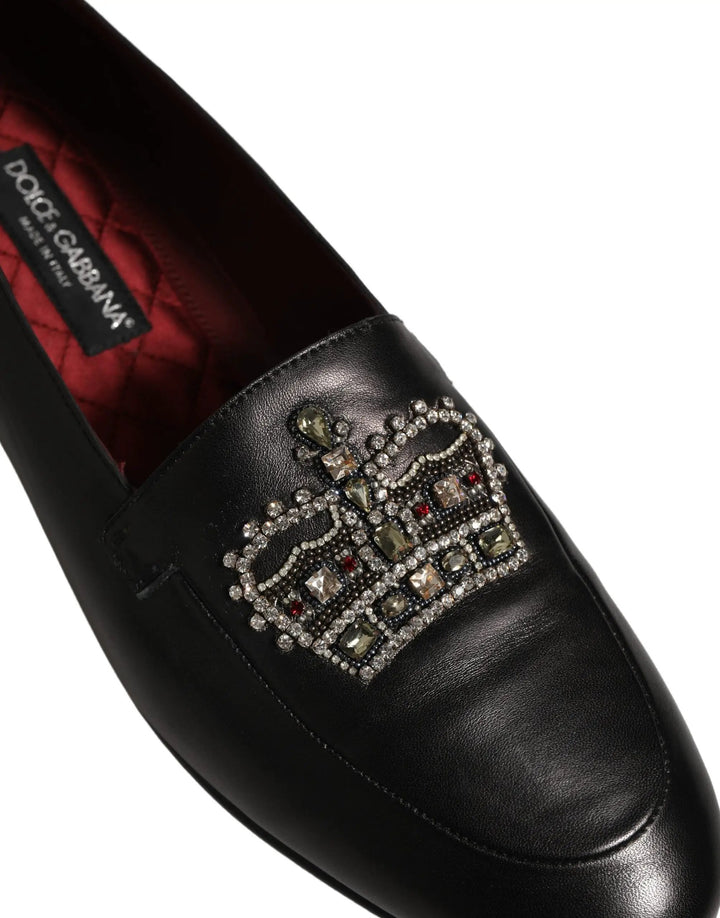 Dolce &amp; Gabbana Black Leather Crown Embellished Loafers Shoes