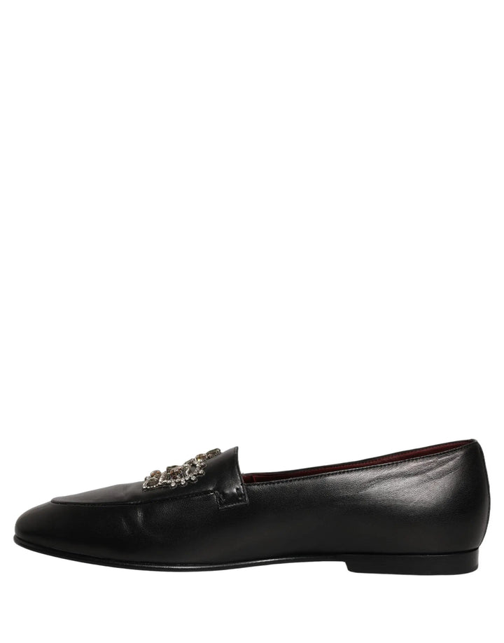 Dolce &amp; Gabbana Black Leather Crown Embellished Loafers Shoes