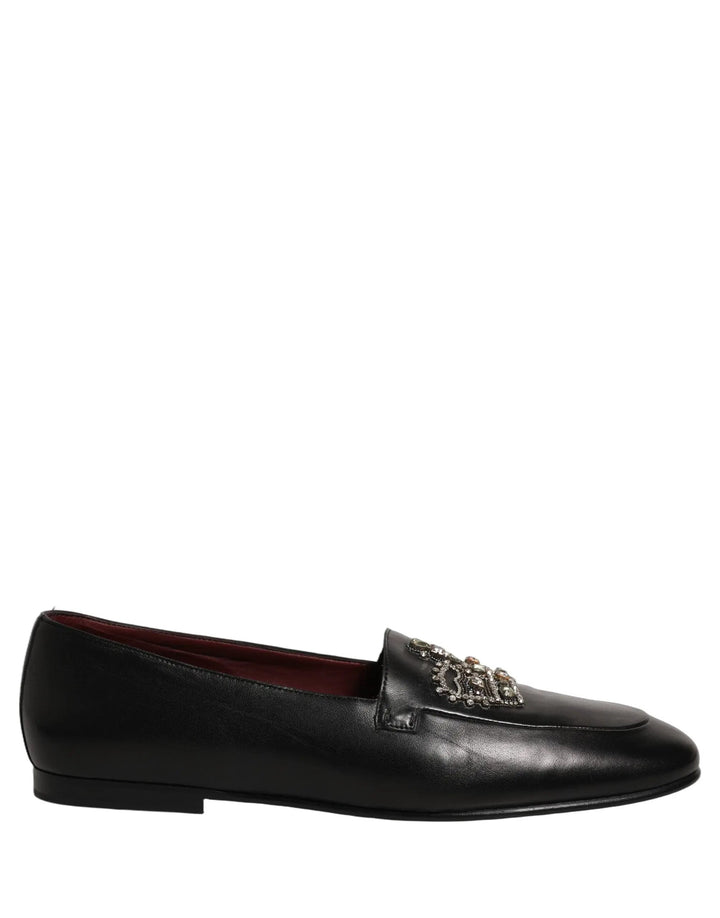Dolce &amp; Gabbana Black Leather Crown Embellished Loafers Shoes