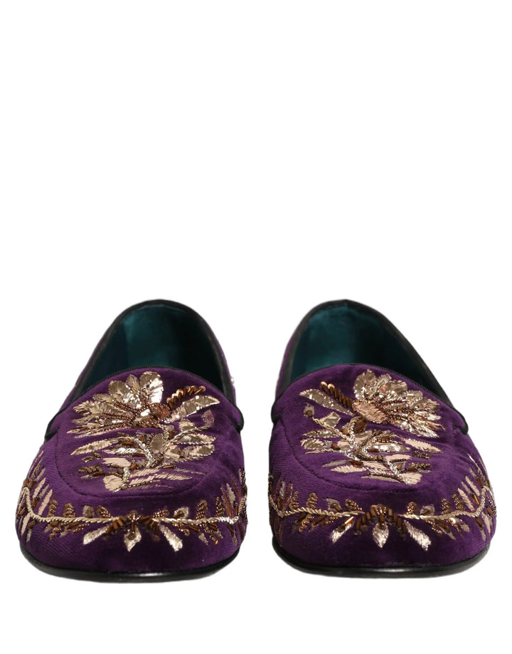 Dolce &amp; Gabbana Violet Velvet Floral Embroidery Loafers Shoes