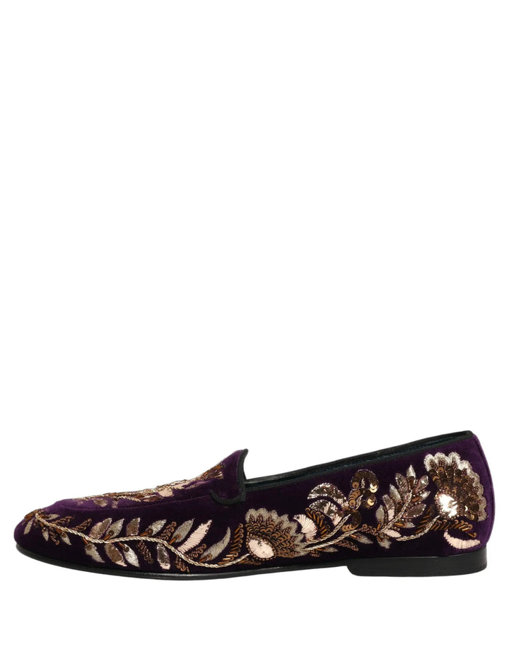 Dolce &amp; Gabbana Violet Velvet Floral Embroidery Loafers Shoes