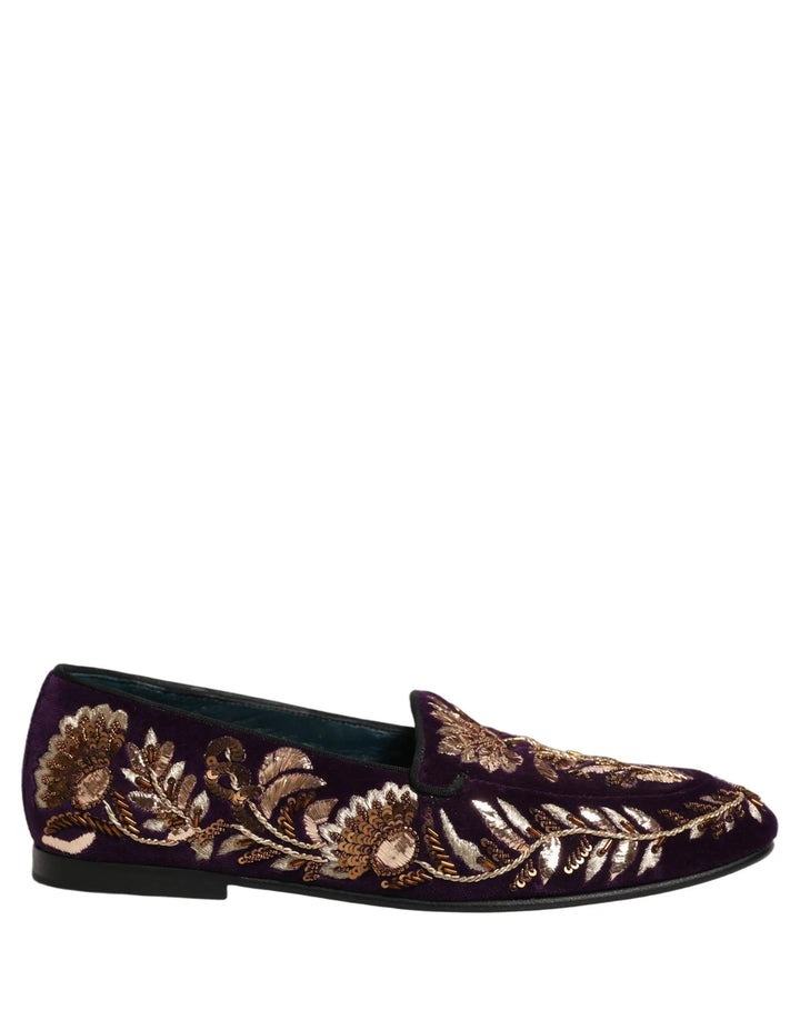 Dolce &amp; Gabbana Violet Velvet Floral Embroidery Loafers Shoes