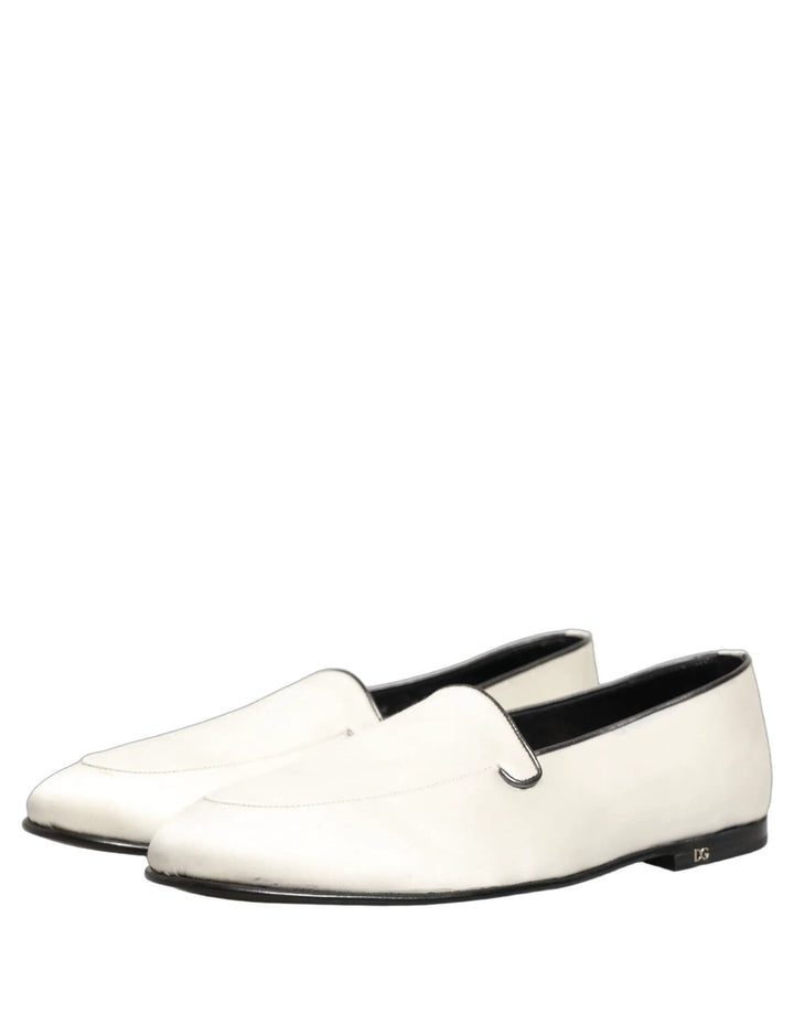 Dolce &amp; Gabbana White Satin Logo Slip On Flats Loafers Shoes