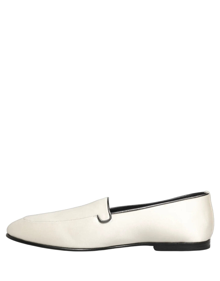 Dolce &amp; Gabbana White Satin Logo Slip On Flats Loafers Shoes