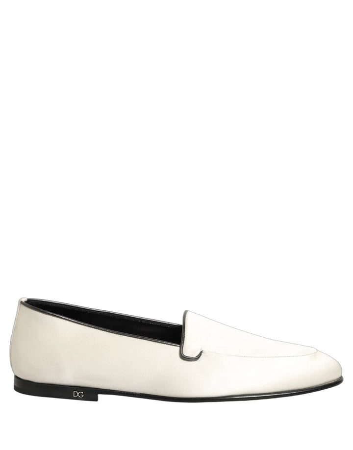 Dolce &amp; Gabbana White Satin Logo Slip On Flats Loafers Shoes