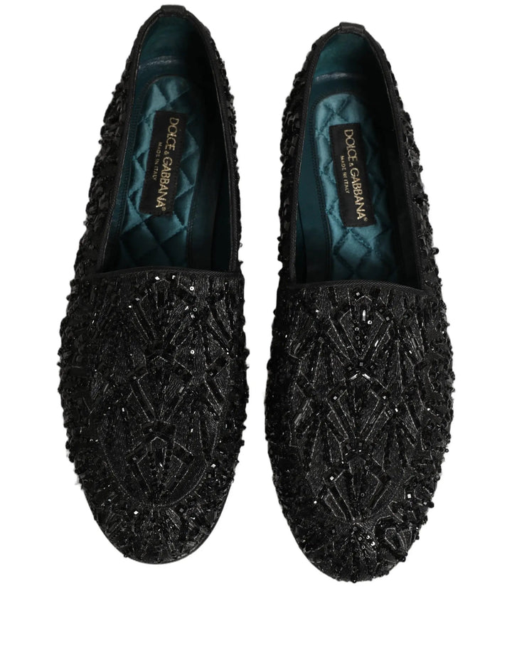 Dolce &amp; Gabbana Black Velvet Embroidered Dress Loafers Shoes