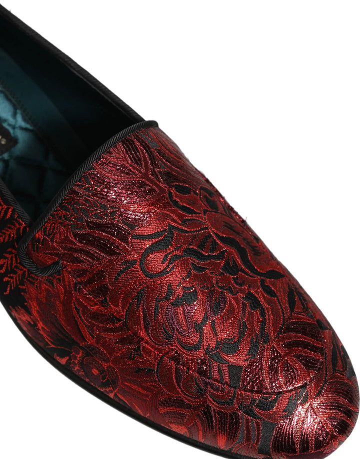 Dolce &amp; Gabbana Red Floral Jacquard Slip On Loafers Shoes