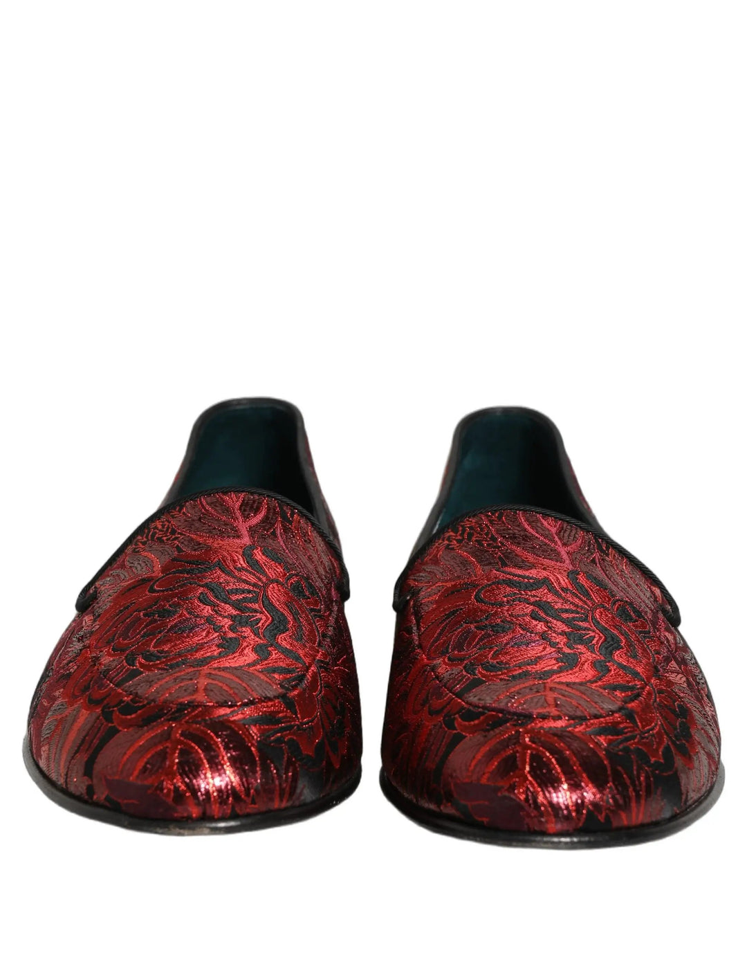Dolce &amp; Gabbana Red Floral Jacquard Slip On Loafers Shoes