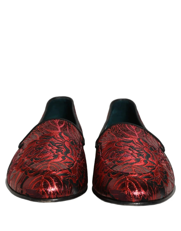 Dolce &amp; Gabbana Red Floral Jacquard Slip On Loafers Shoes
