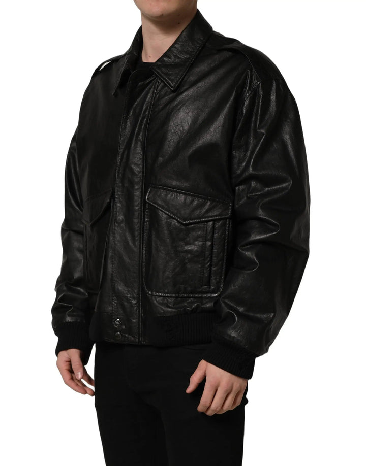 Dolce &amp; Gabbana Sample Sale | Dolce &amp; Gabbana Black Leather Full Zip Men Biker Jacket - | Designer outlet