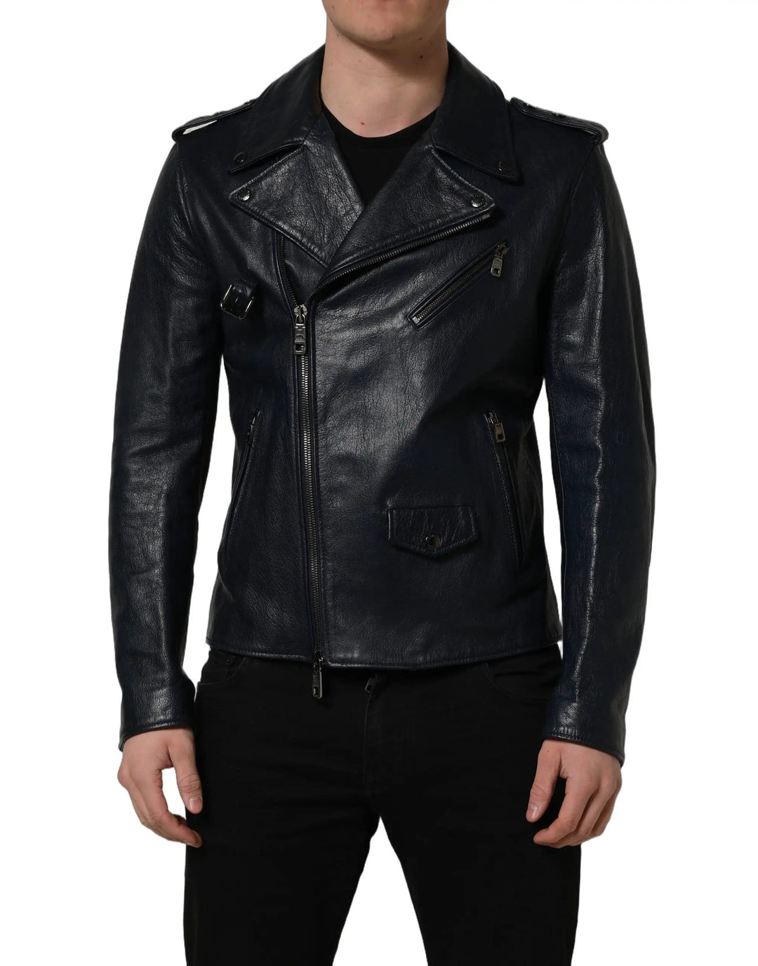 Dolce &amp; Gabbana Sample Sale | Dolce &amp; Gabbana Black Leather Men Biker Coat Goatskin Jacket - | Designer outlet