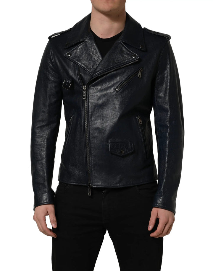 Dolce &amp; Gabbana Sample Sale | Dolce &amp; Gabbana Black Leather Men Biker Coat Goatskin Jacket - | Designer outlet