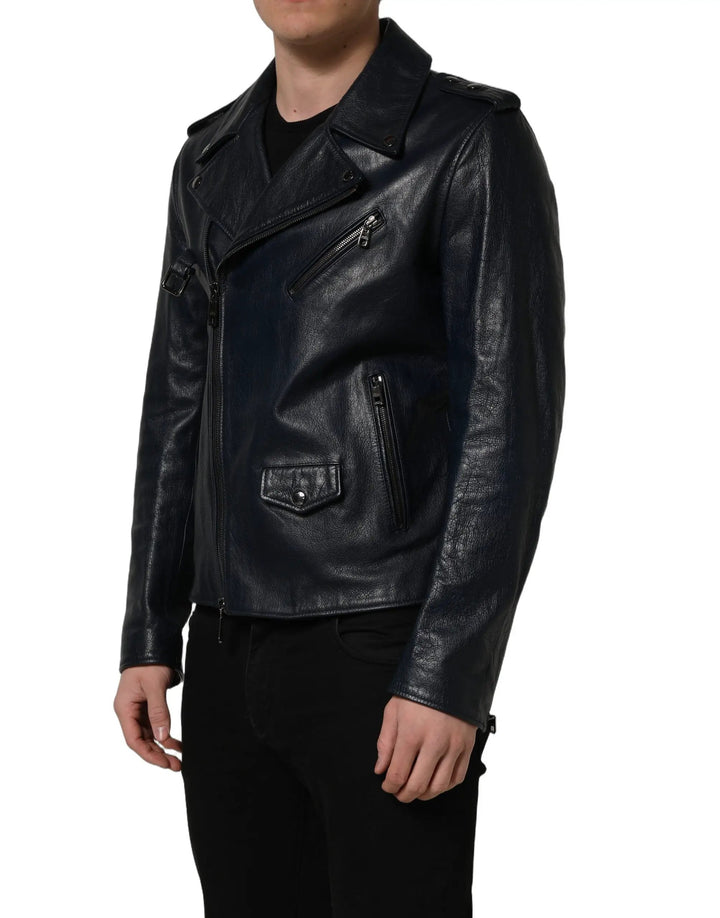 Dolce &amp; Gabbana Sample Sale | Dolce &amp; Gabbana Black Leather Men Biker Coat Goatskin Jacket - | Designer outlet