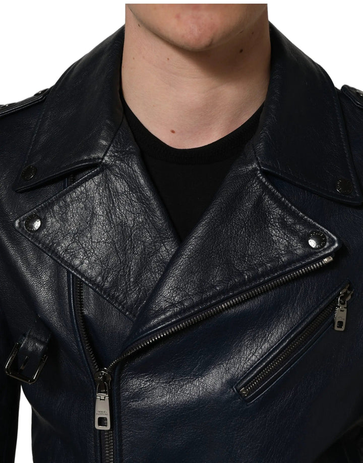 Dolce &amp; Gabbana Sample Sale | Dolce &amp; Gabbana Black Leather Men Biker Coat Goatskin Jacket - | Designer outlet