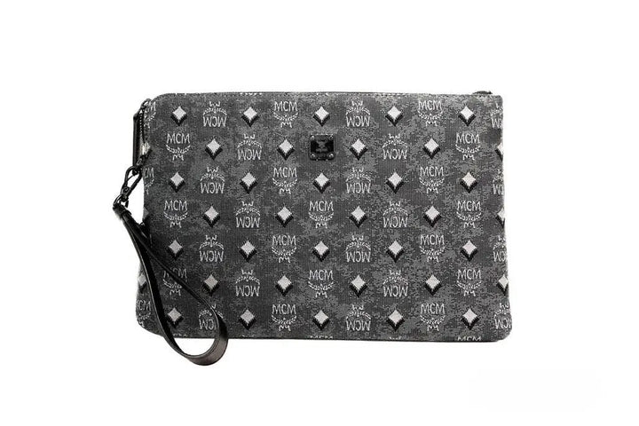 MCM Veritas Medium Dark Grey Denim Monogram Logo Canvas Clutch Pouch Handbag
