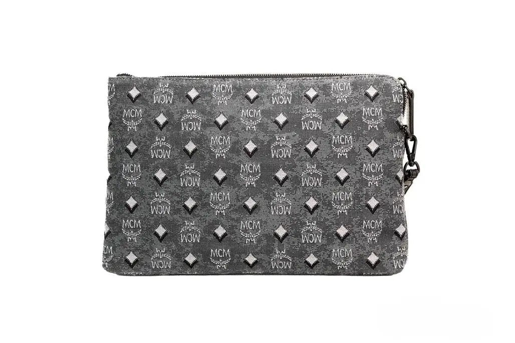 MCM Veritas Medium Dark Grey Denim Monogram Logo Canvas Clutch Pouch Handbag