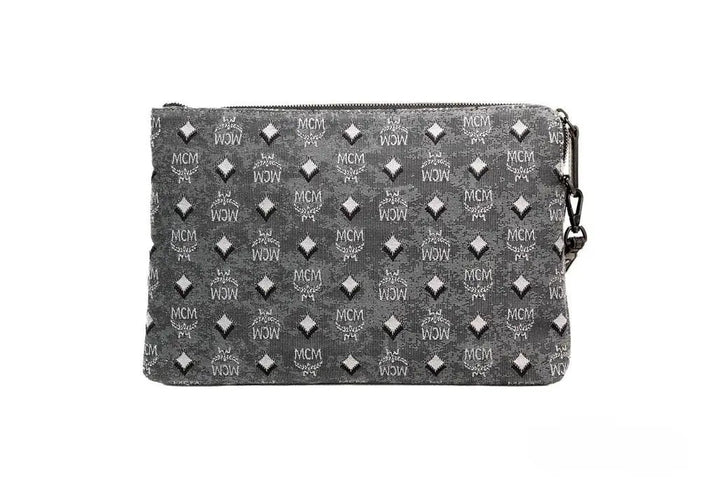 MCM Veritas Medium Dark Grey Denim Monogram Logo Canvas Clutch Pouch Handbag