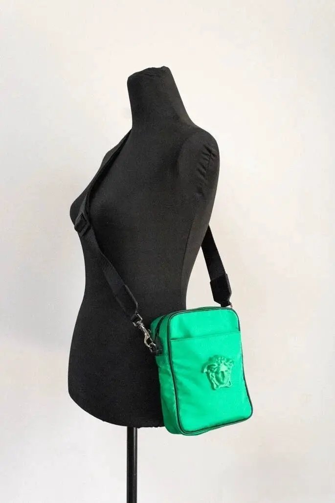 Versace Sample Sale | Versace Small Bright Green Nylon Fabric Medusa Crossbody Messenger Bag Purse - | Designer outlet