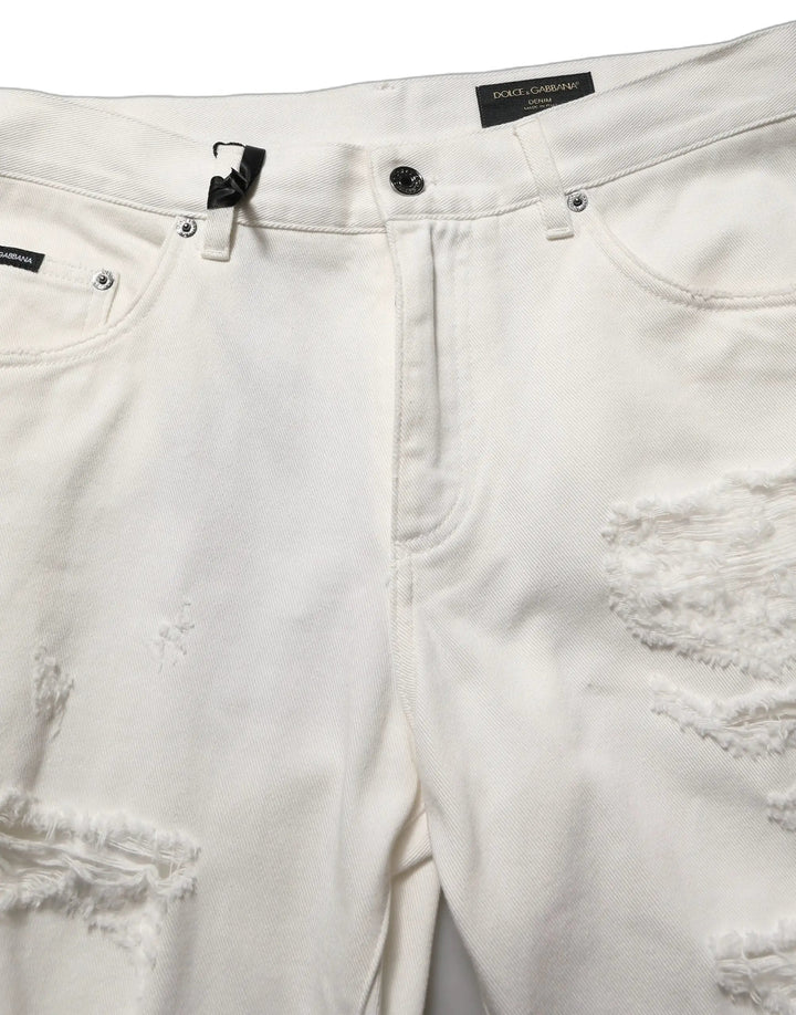 Dolce &amp; Gabbana Sample Sale | Dolce &amp; Gabbana White Cotton Distressed Straight Denim Jeans - | Designer outlet