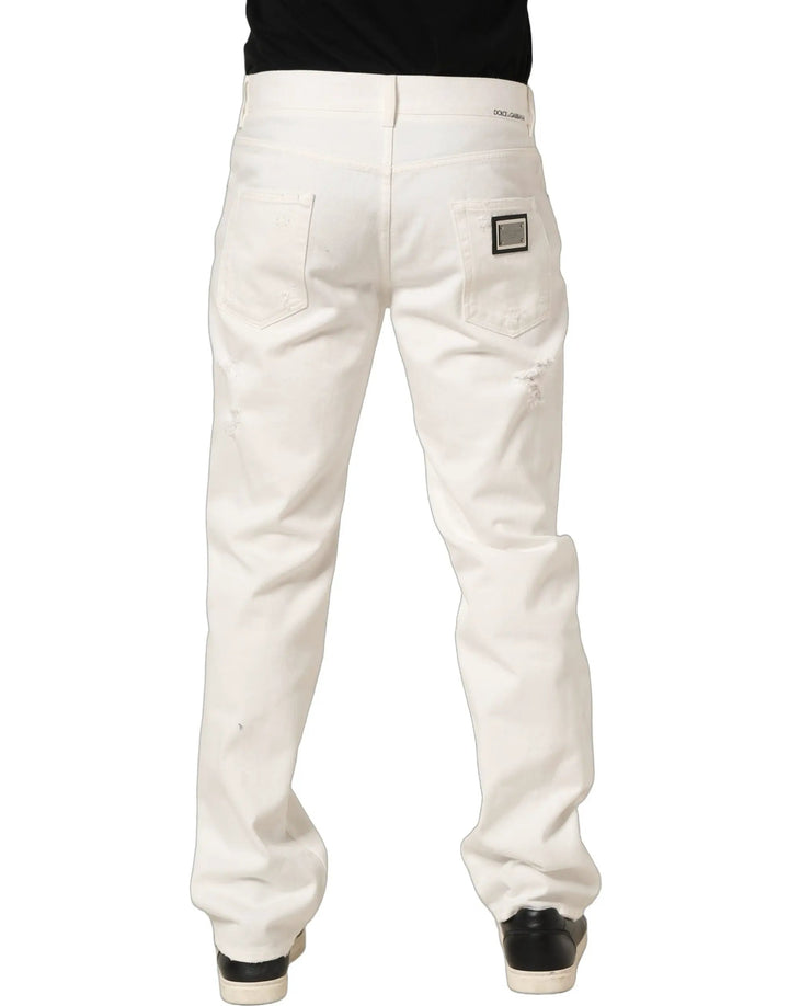 Dolce &amp; Gabbana Sample Sale | Dolce &amp; Gabbana White Cotton Distressed Straight Denim Jeans - | Designer outlet