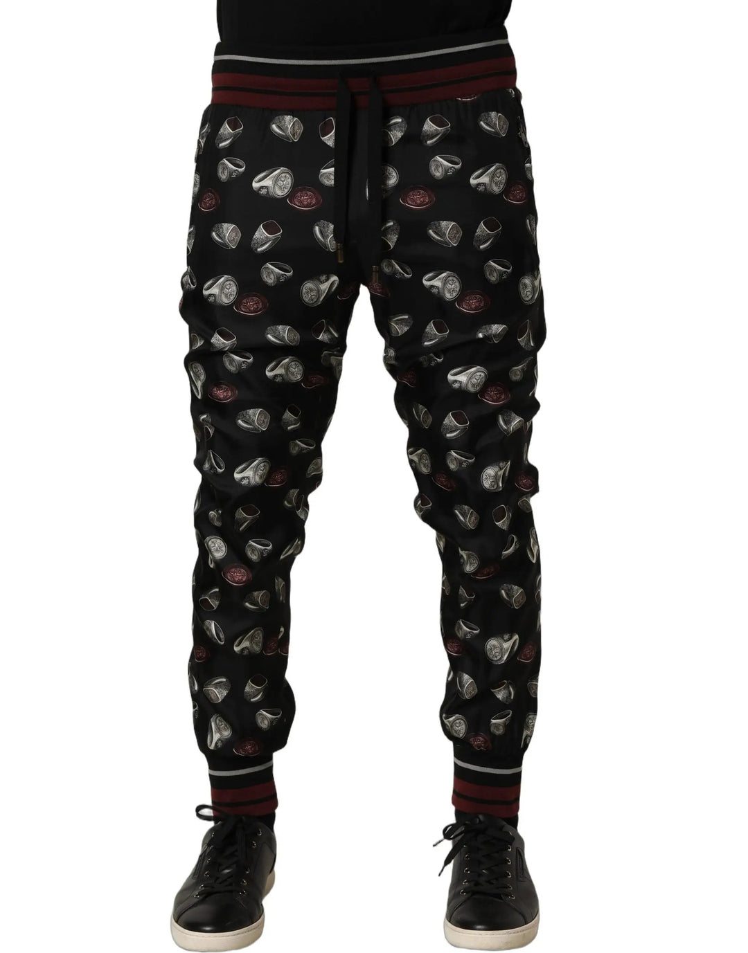 Dolce & Gabbana Sample Sale | Dolce & Gabbana Pants Black Ring Print Silk Jogging Trousers - | Designer outlet