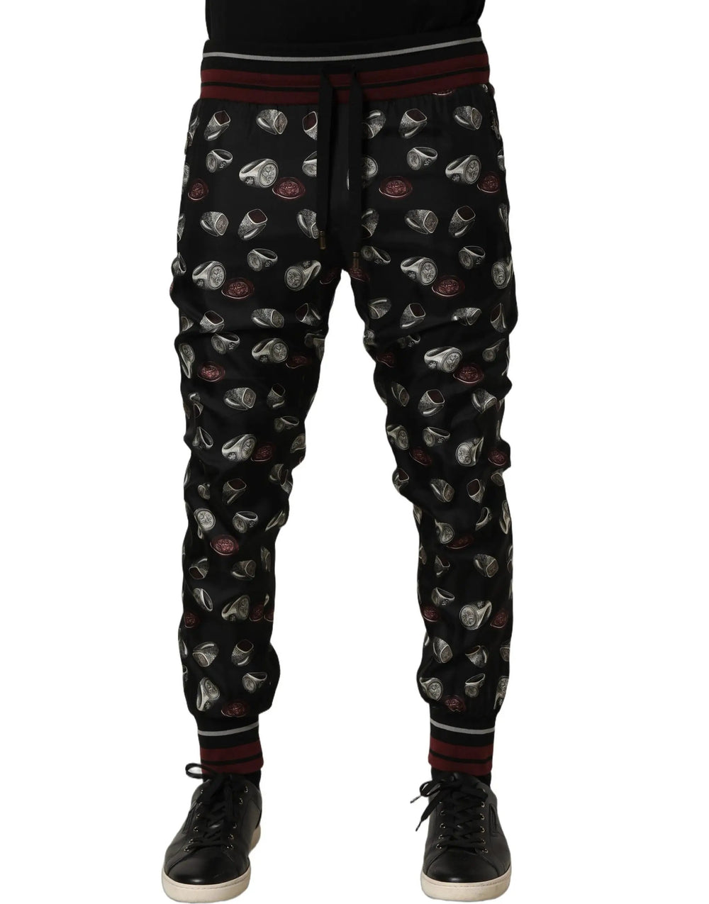 Dolce & Gabbana Sample Sale | Dolce & Gabbana Pants Black Ring Print Silk Jogging Trousers - | Designer outlet