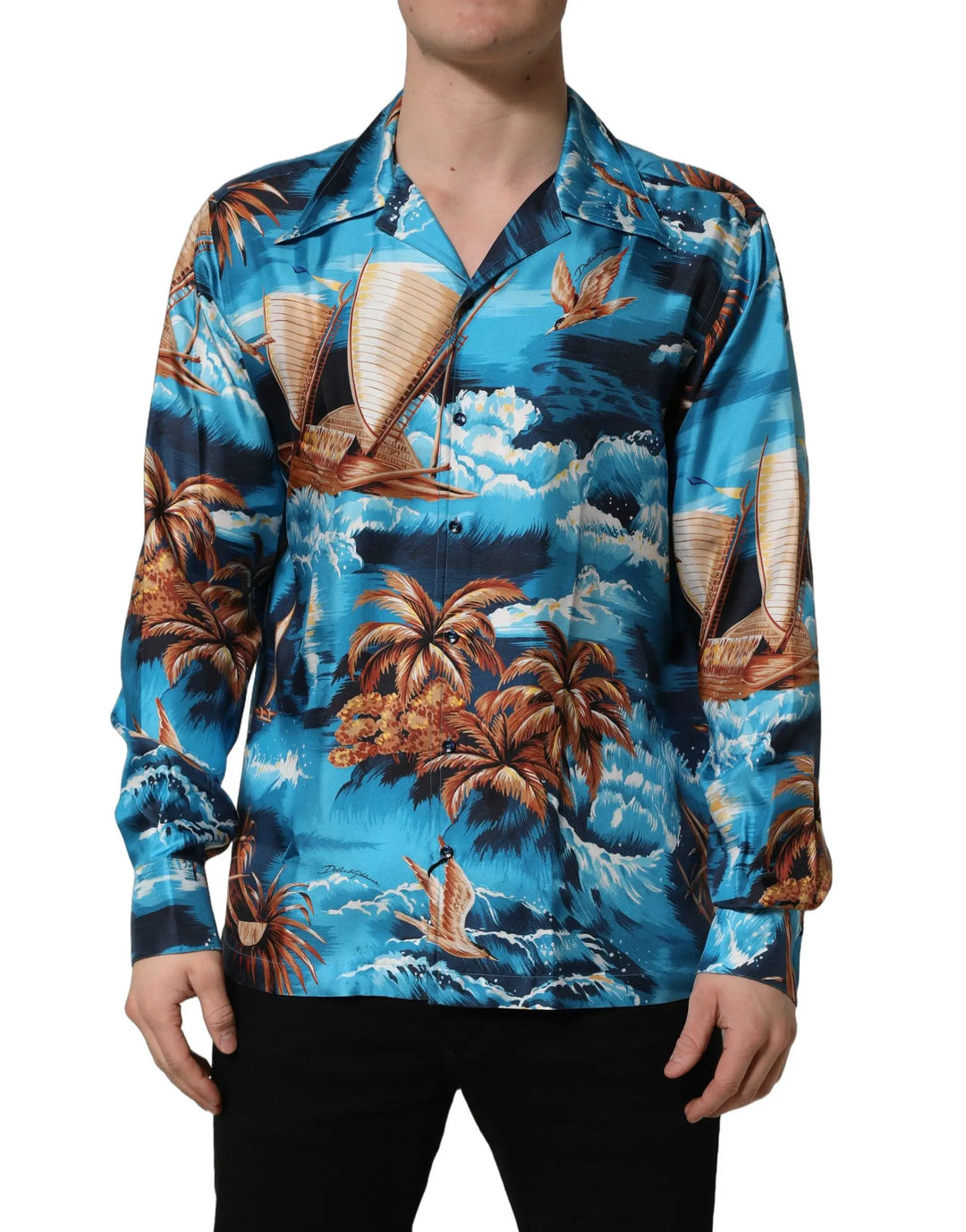 Dolce &amp; Gabbana Sample Sale | Dolce &amp; Gabbana Blue Silk Twill Hawaiian GraphicPrint Shirt - | Designer outlet