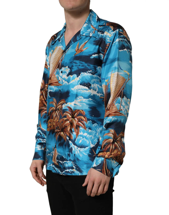 Dolce &amp; Gabbana Sample Sale | Dolce &amp; Gabbana Blue Silk Twill Hawaiian GraphicPrint Shirt - | Designer outlet