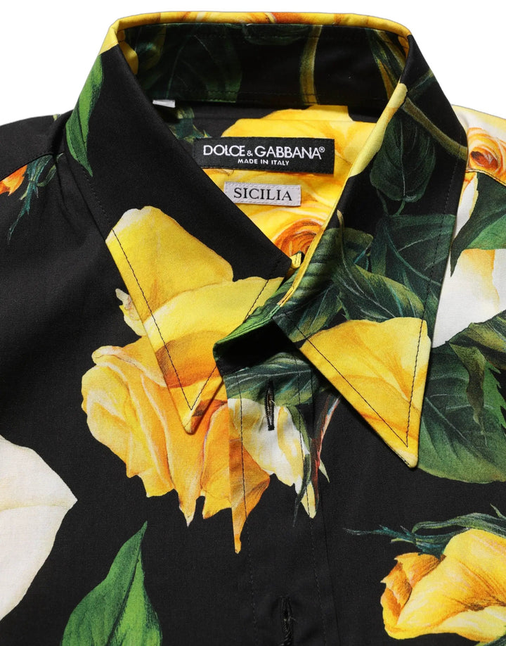 Dolce &amp; Gabbana Sample Sale | Dolce &amp; Gabbana Black Floral Stretch Cotton SICILIA Fit Dress Shirt - | Designer outlet