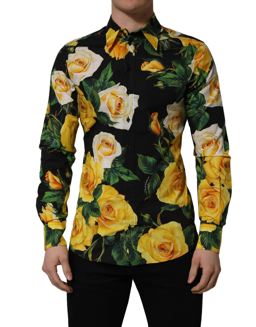 Dolce & Gabbana Sample Sale | Dolce & Gabbana Black Floral Stretch Cotton SICILIA Fit Dress Shirt - | Designer outlet