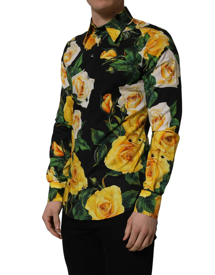 Dolce &amp; Gabbana Sample Sale | Dolce &amp; Gabbana Black Floral Stretch Cotton SICILIA Fit Dress Shirt - | Designer outlet